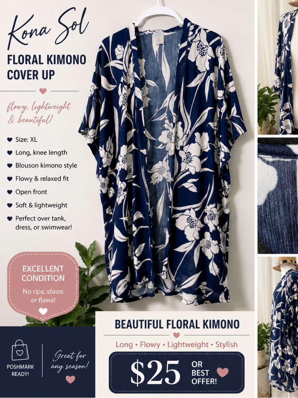 Kona Sol Navy and White Floral Open-Front Kimono